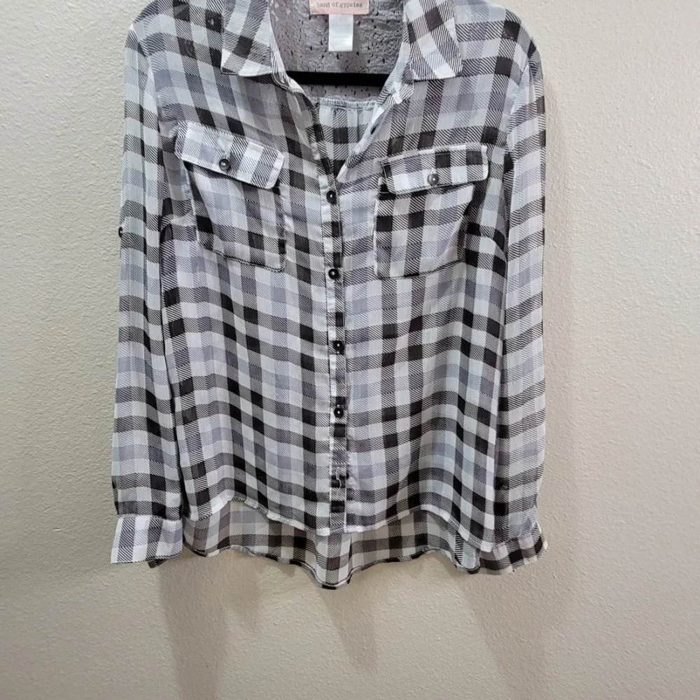 Band of Gypsies Sheer Button Down Long Sleeve Shirt Size Small Lace Back - Picture 6 of 12